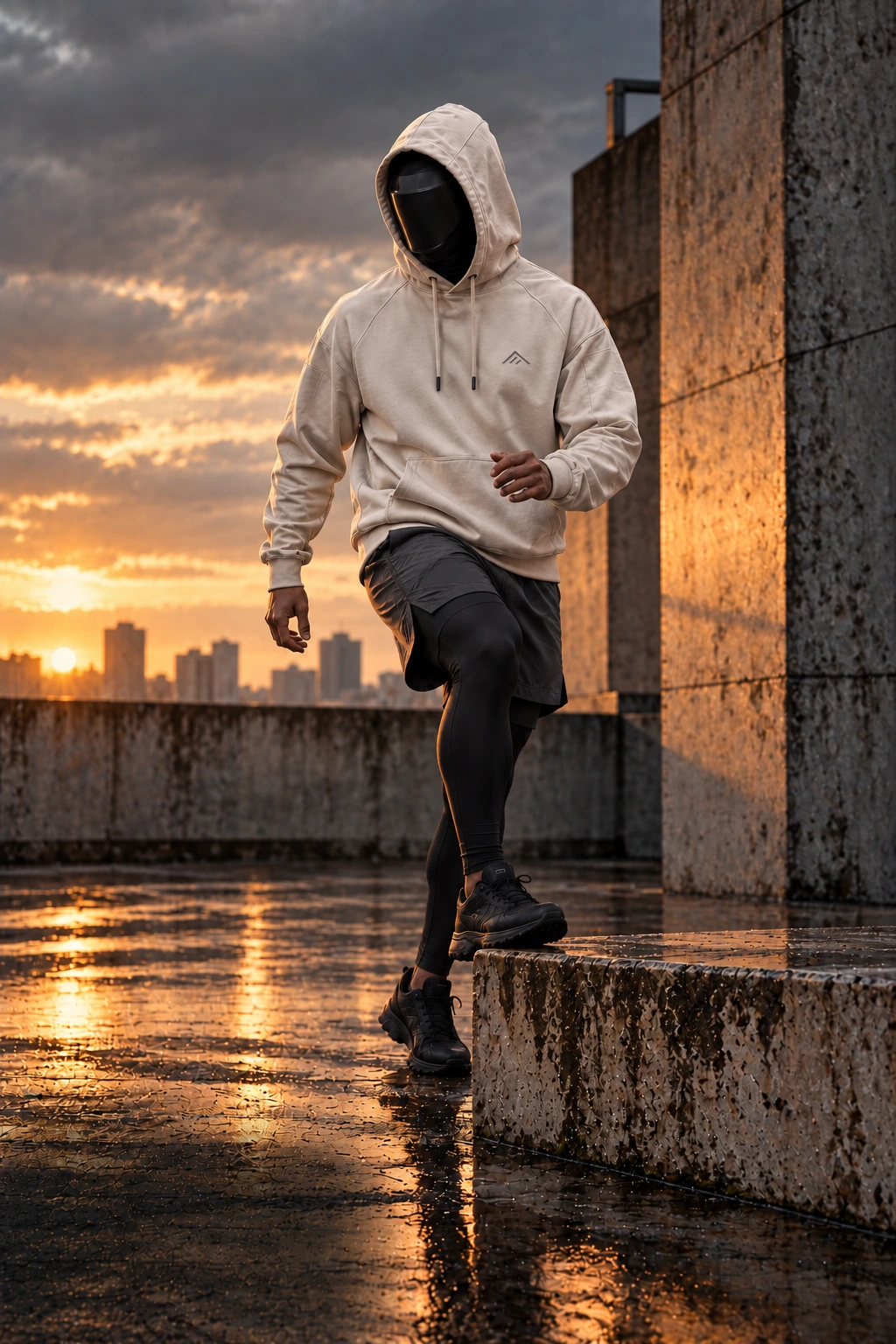 Masked athlete stepping onto a concrete block in a cream heavyweight hoodie, charcoal shorts, and black leggings